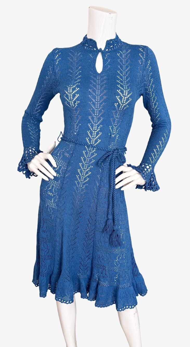 Vintage 70's Miss JoAnn Blue Crochet Knit Midi Dress Boho Cottage Grandmacore S